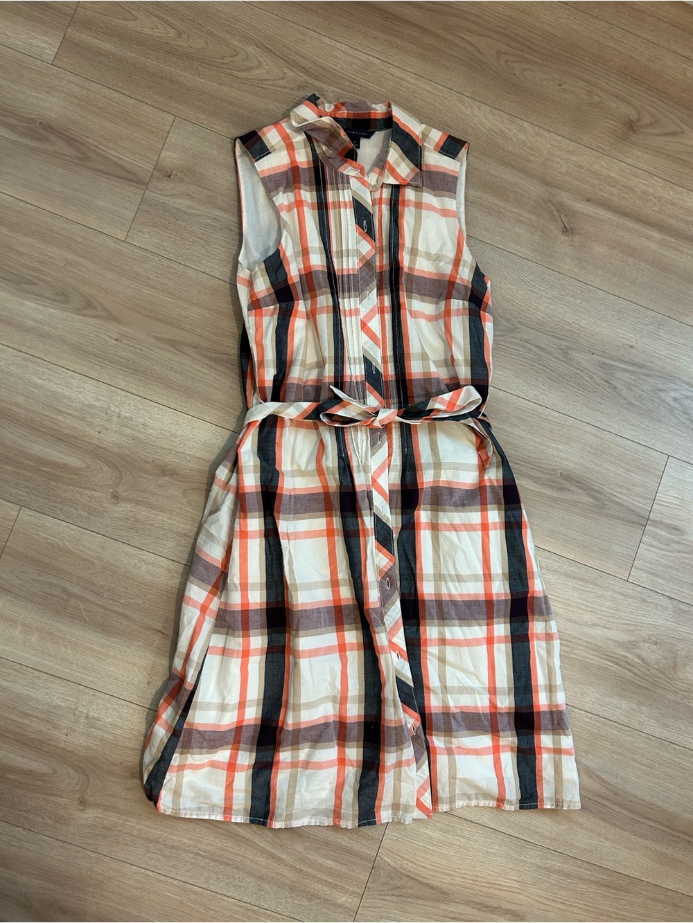Tommy Hilfiger Sleeveless Plaid Shirt Dress in Cream, Orange and Black